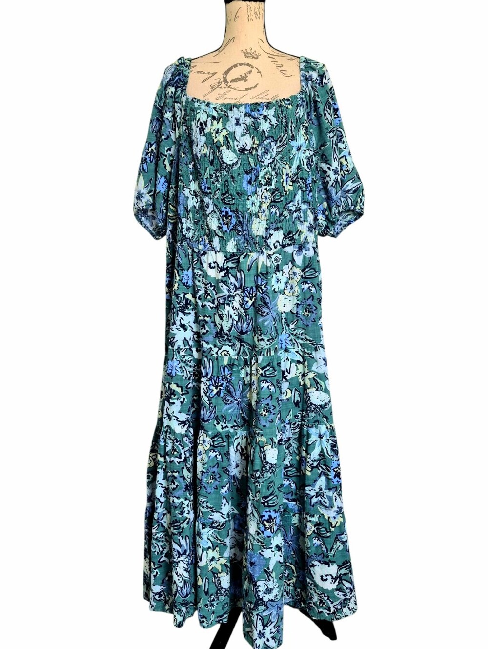 Sonoma Floral Smocked Tiered Midi Dress puff sleeve Green 3X Boho Garden Party